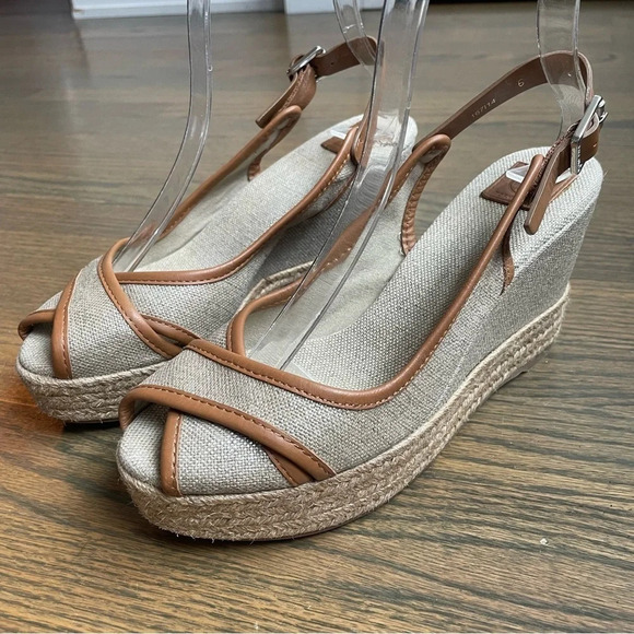 Tory Burch Majorca Peep-Toe Wedge, Royal Tan 36 - Picture 1 of 12